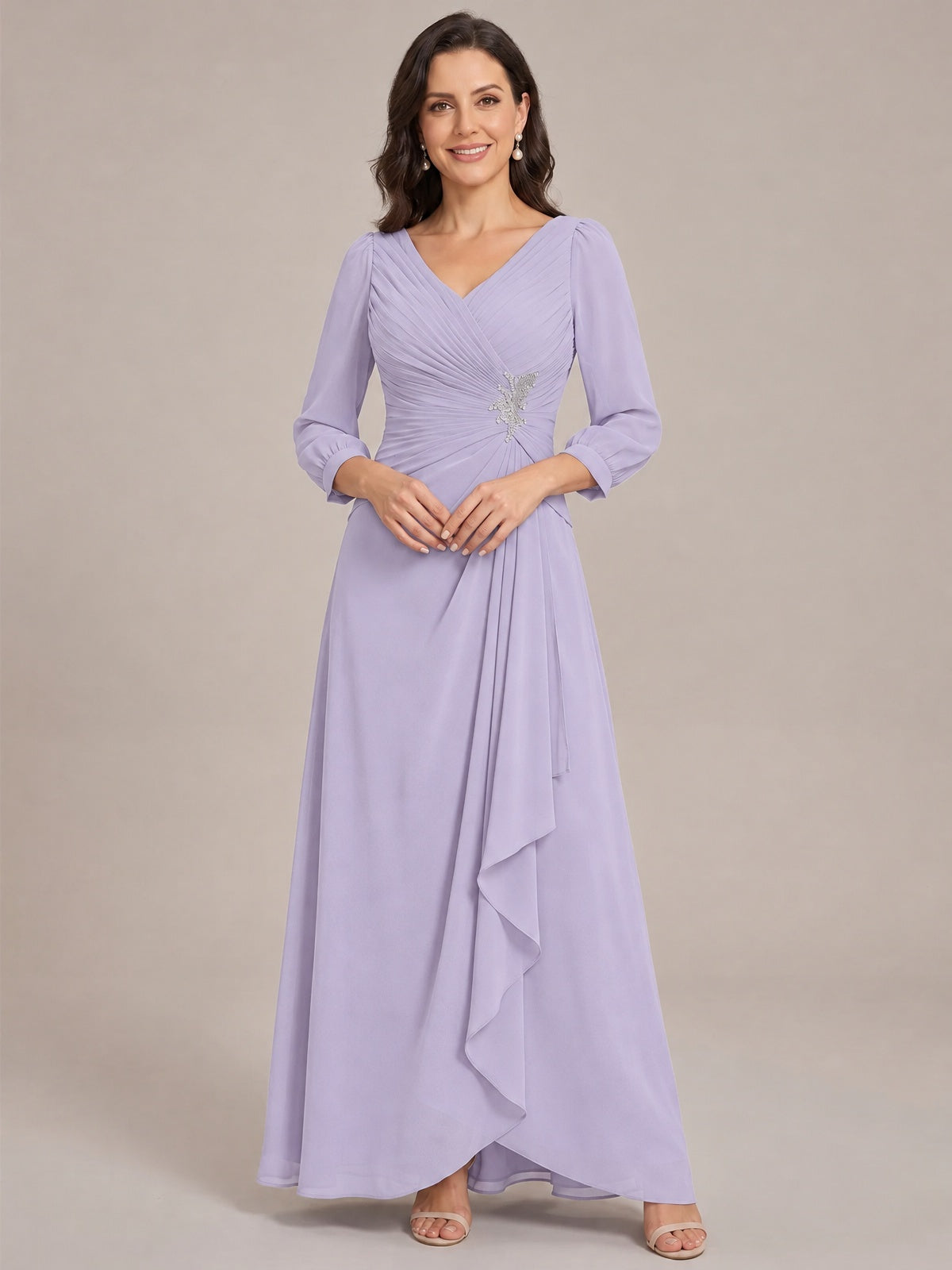 Lilac-Long Sleeve Chiffon Beaded Mother of The Bride Dresses for Women