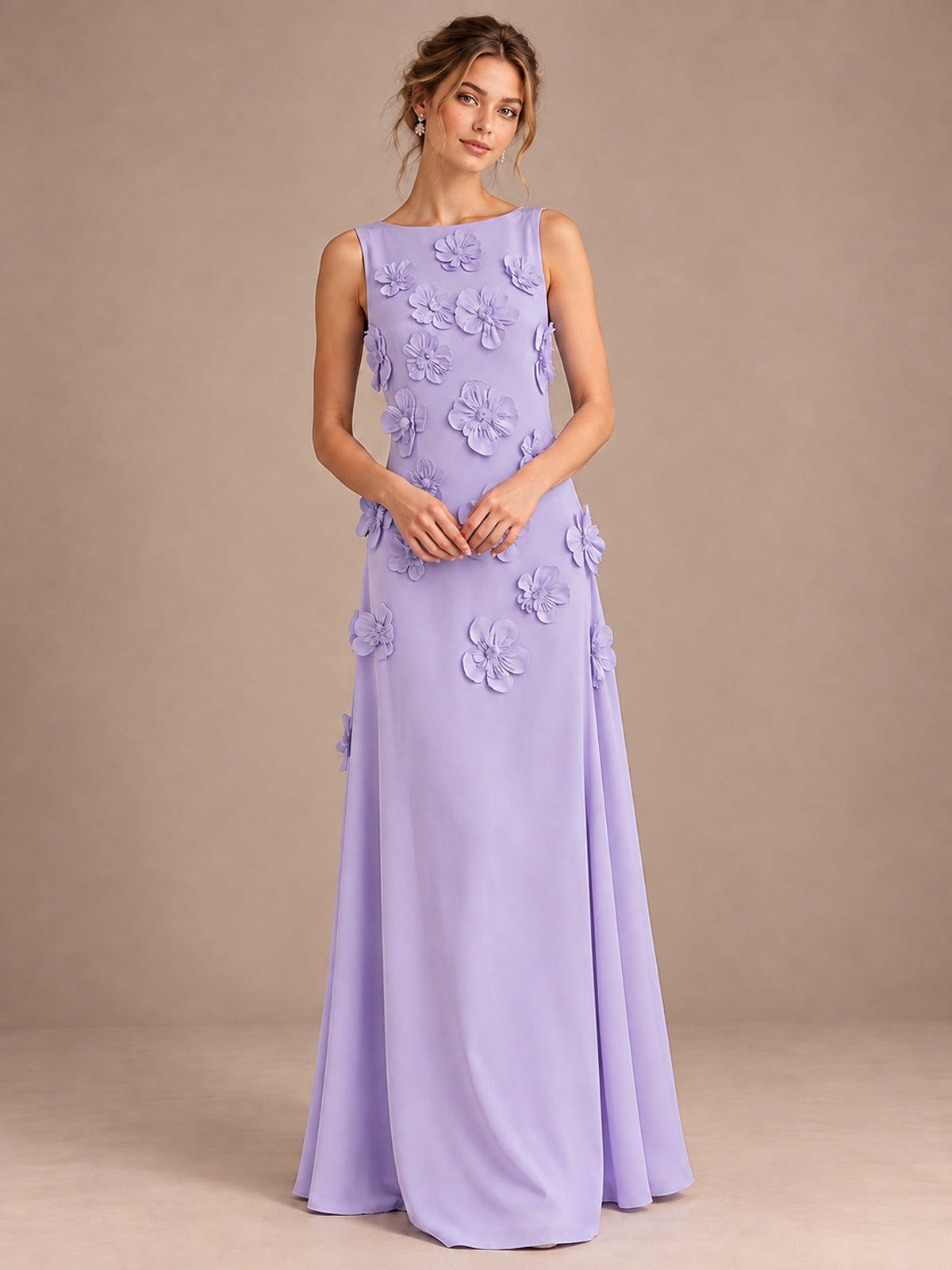 3D Floral Applique Sleeveless Formal Maxi Dress