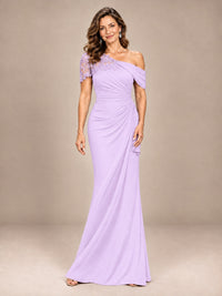 Lilac-Lace One Shoulder Chiffon Ruched Mother of The Bride Dresses