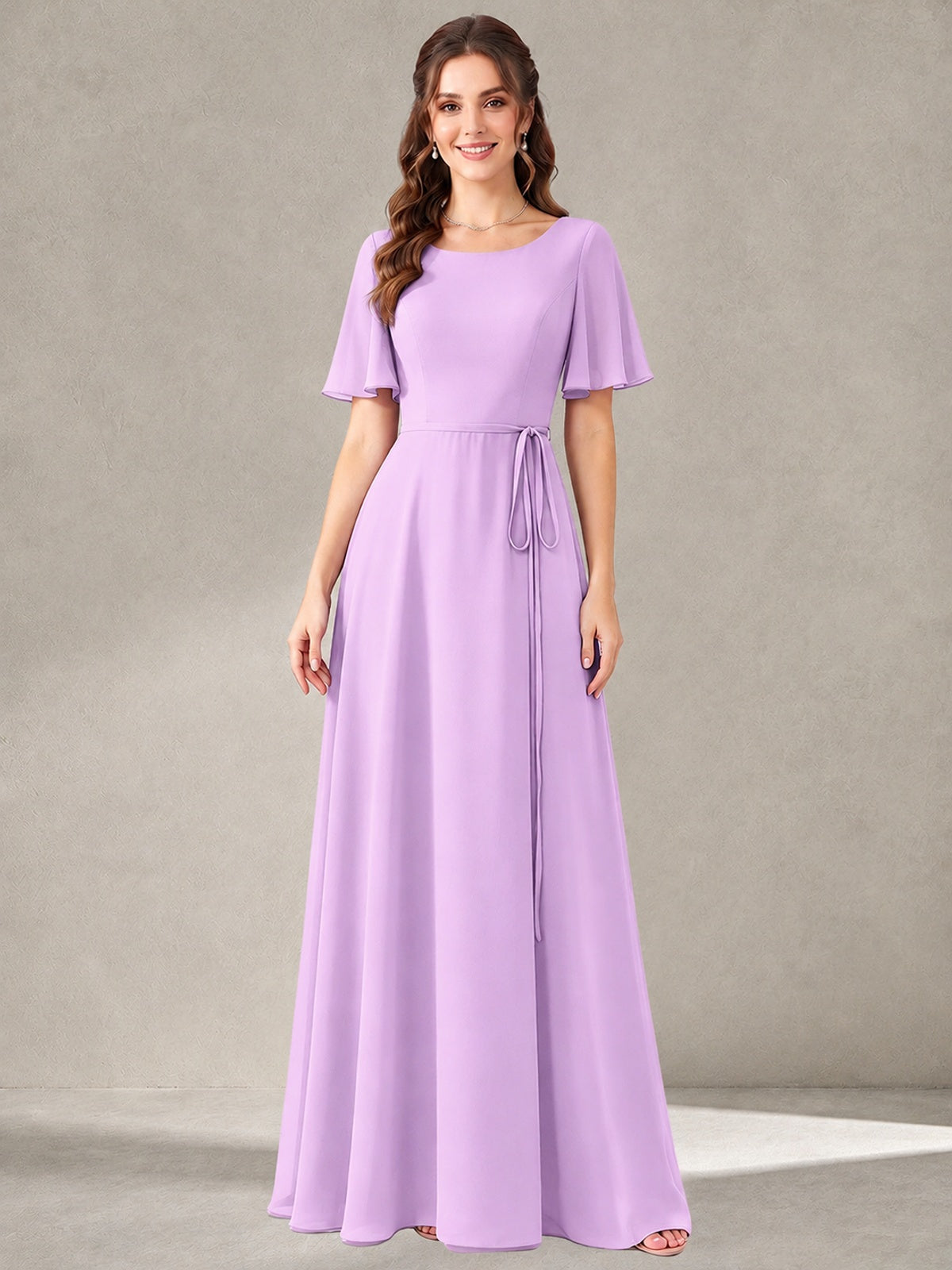 Lilac Scoop Neck A-line Chiffon Bridesmaid Dress with Belt Flutter Sleeve Formal Wedding Guest Dress Evening Gown