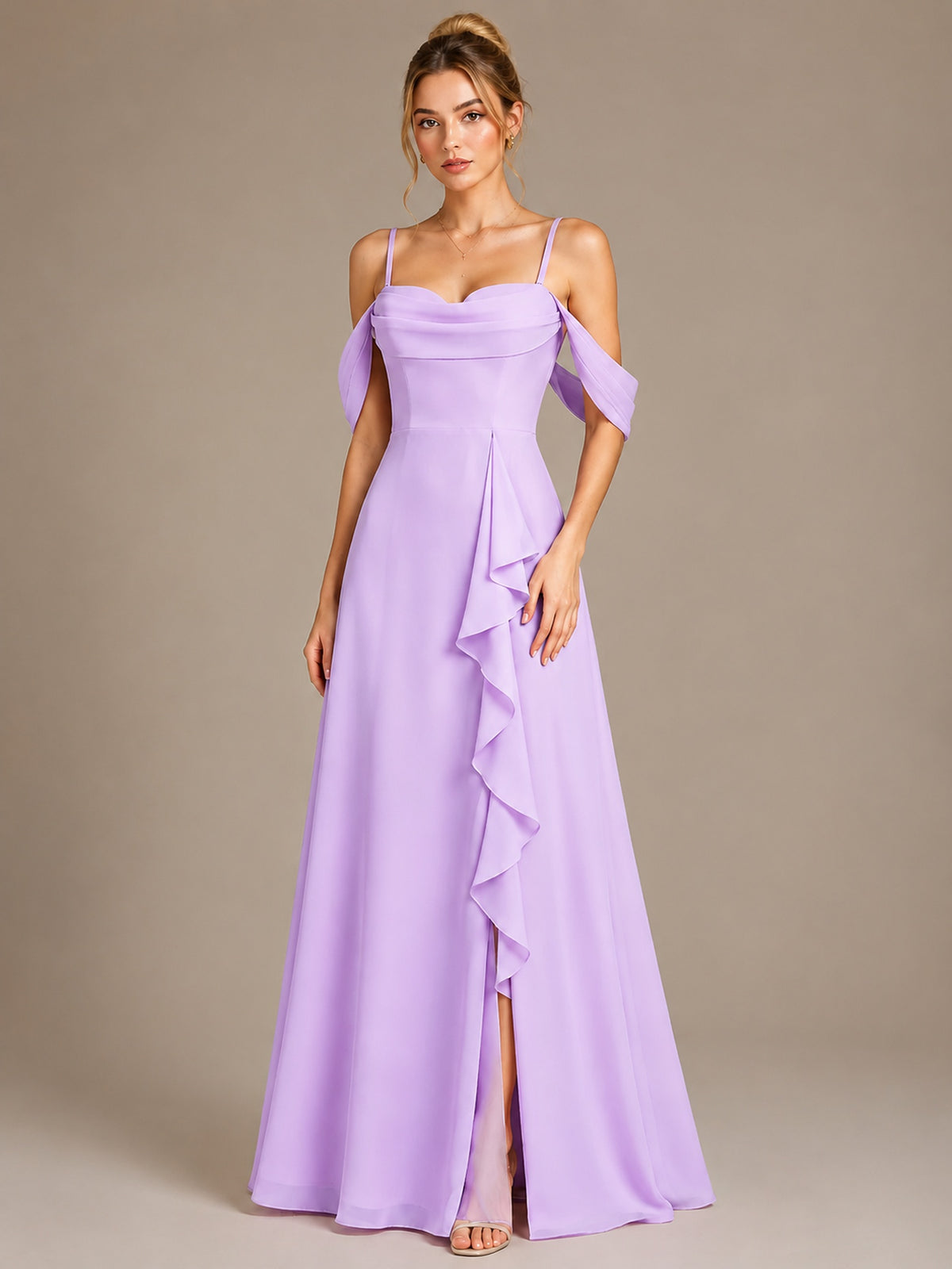 Spaghetti Strap Chiffon Bridesmaid Dress with Ruffles Slit