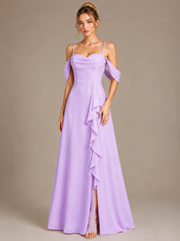 Spaghetti Strap Chiffon Bridesmaid Dress with Ruffles Slit