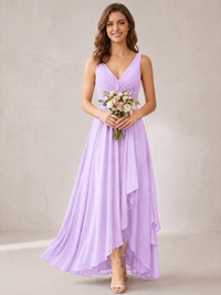V-Neck High-Low Chiffon Bridesmaid Dress with Ruffles