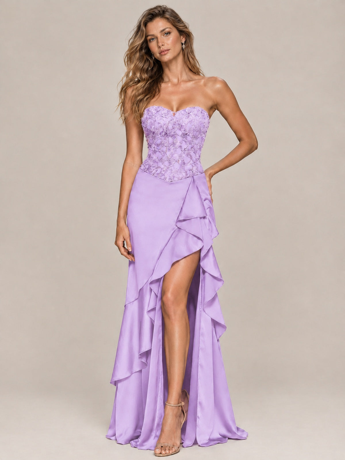 Strapless Lace Appliques Corset Satin Prom Dress Ruffle Slit Evening Gown