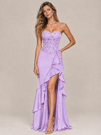 Strapless Lace Appliques Corset Satin Prom Dress Ruffle Slit Evening Gown