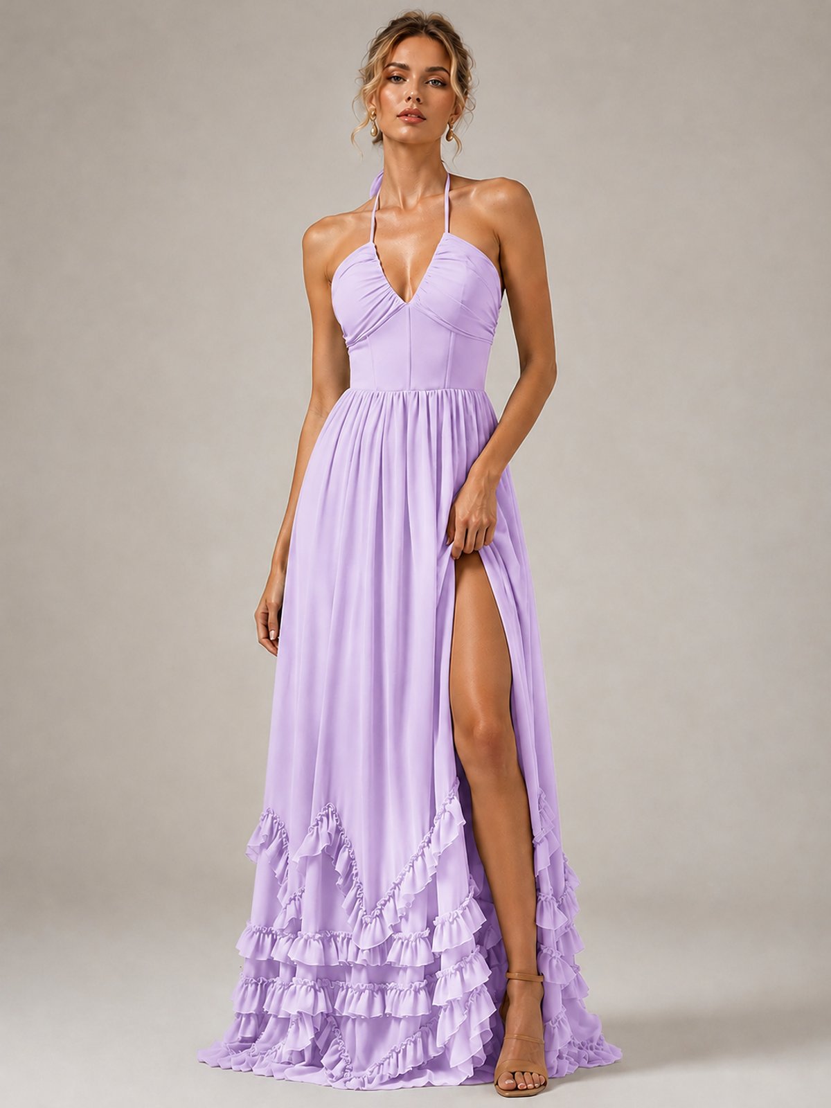 Halter V Neck Chiffon Formal Dress with Lace-Up Back and Ruffle Hem