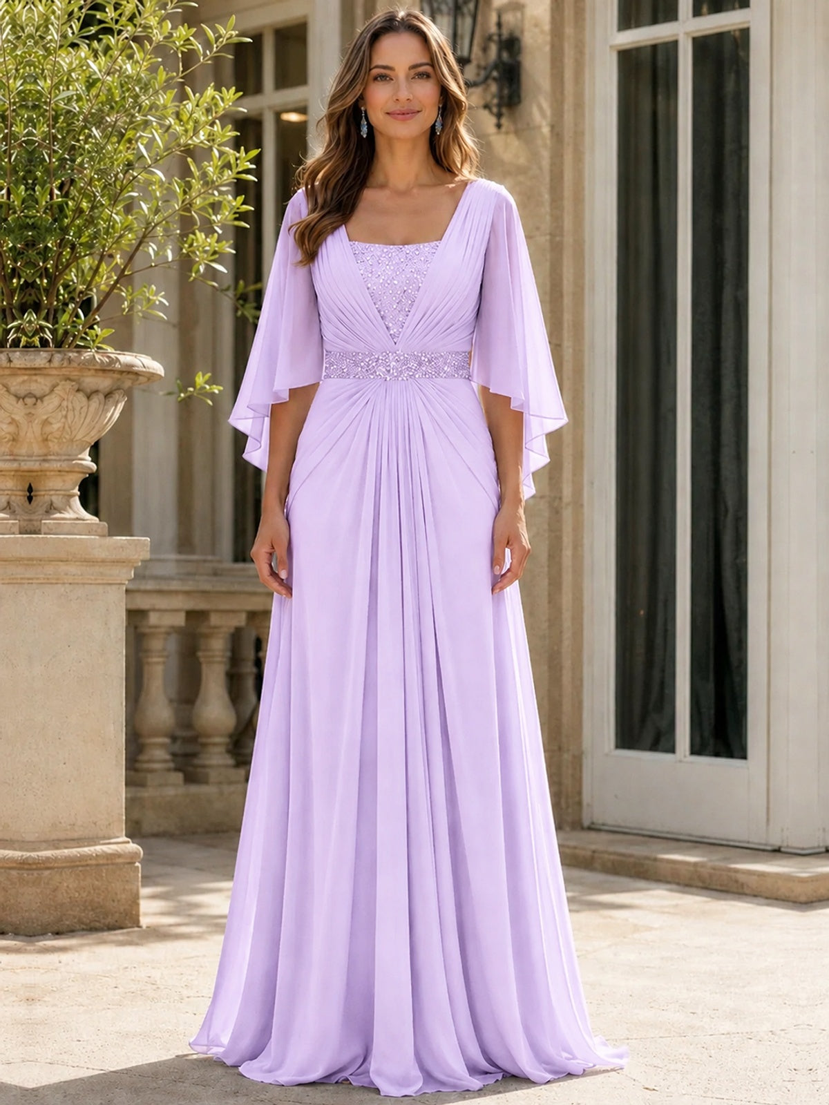 Elegant V-Neck Sequined Chiffon Mother of the Bride Dress with Flutter Sleeves