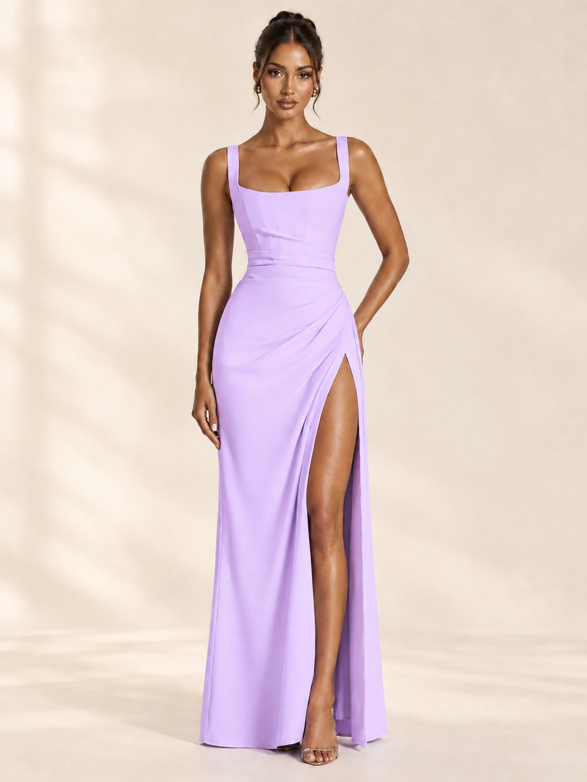 Square Neck Satin Sleeveless Ruched Prom Dress with High Slit