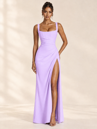 Square Neck Satin Sleeveless Ruched Prom Dress with High Slit