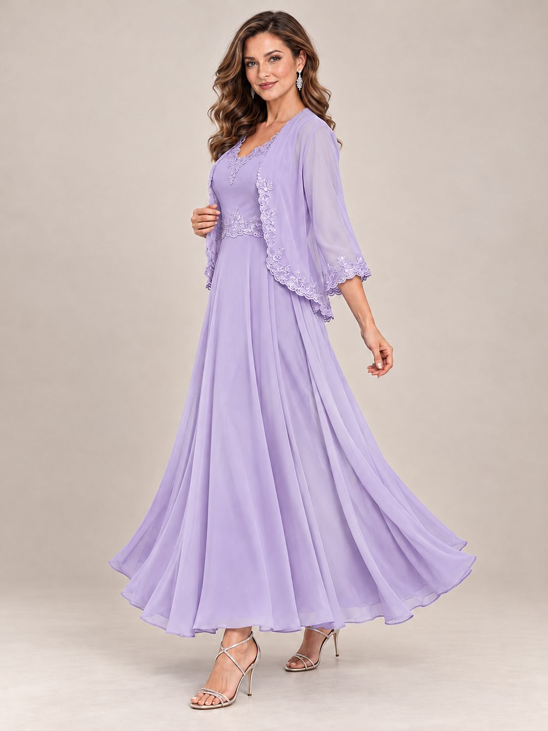 Dusty Blue Floral Lace Chiffon Mother of the Bride Dress with Jacket