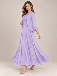 Dusty Blue Floral Lace Chiffon Mother of the Bride Dress with Jacket