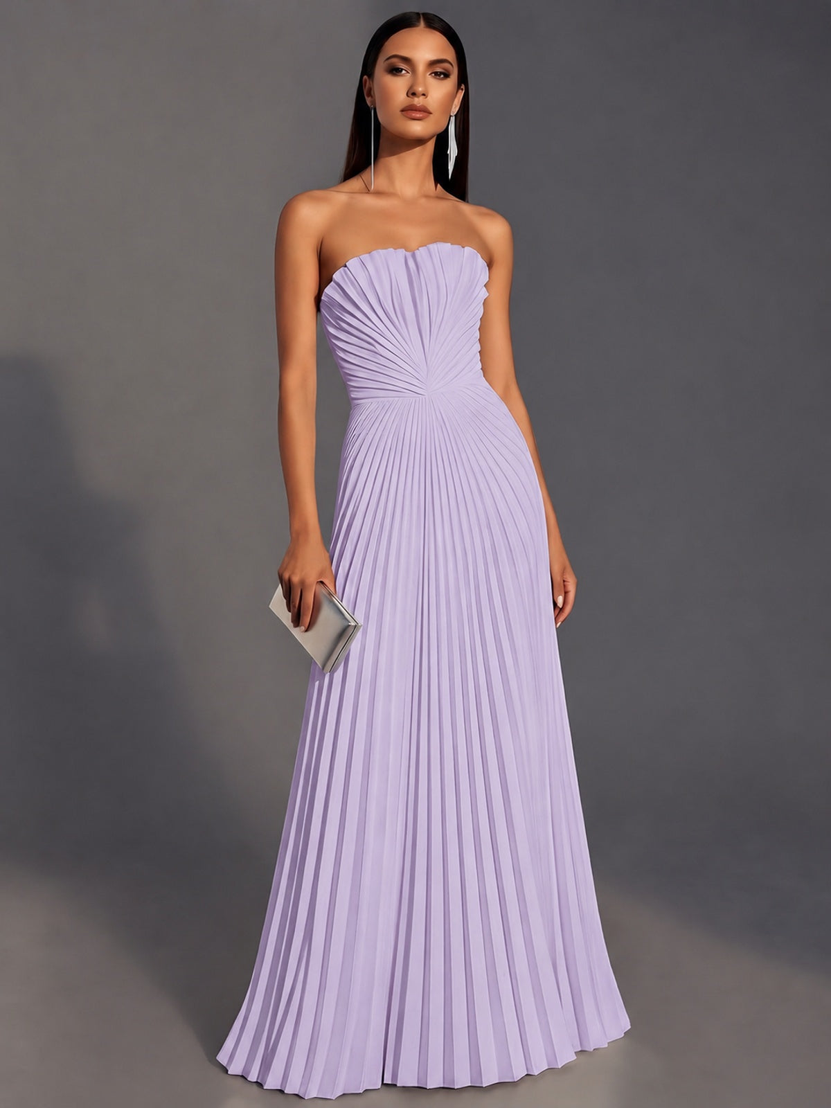 Lilac Strapless Pleated Satin Prom Dress Long Formal Gown Evening Dress
