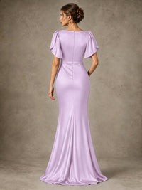 V-Neck Satin Mother of the Bride Dress with Flutter Sleeves