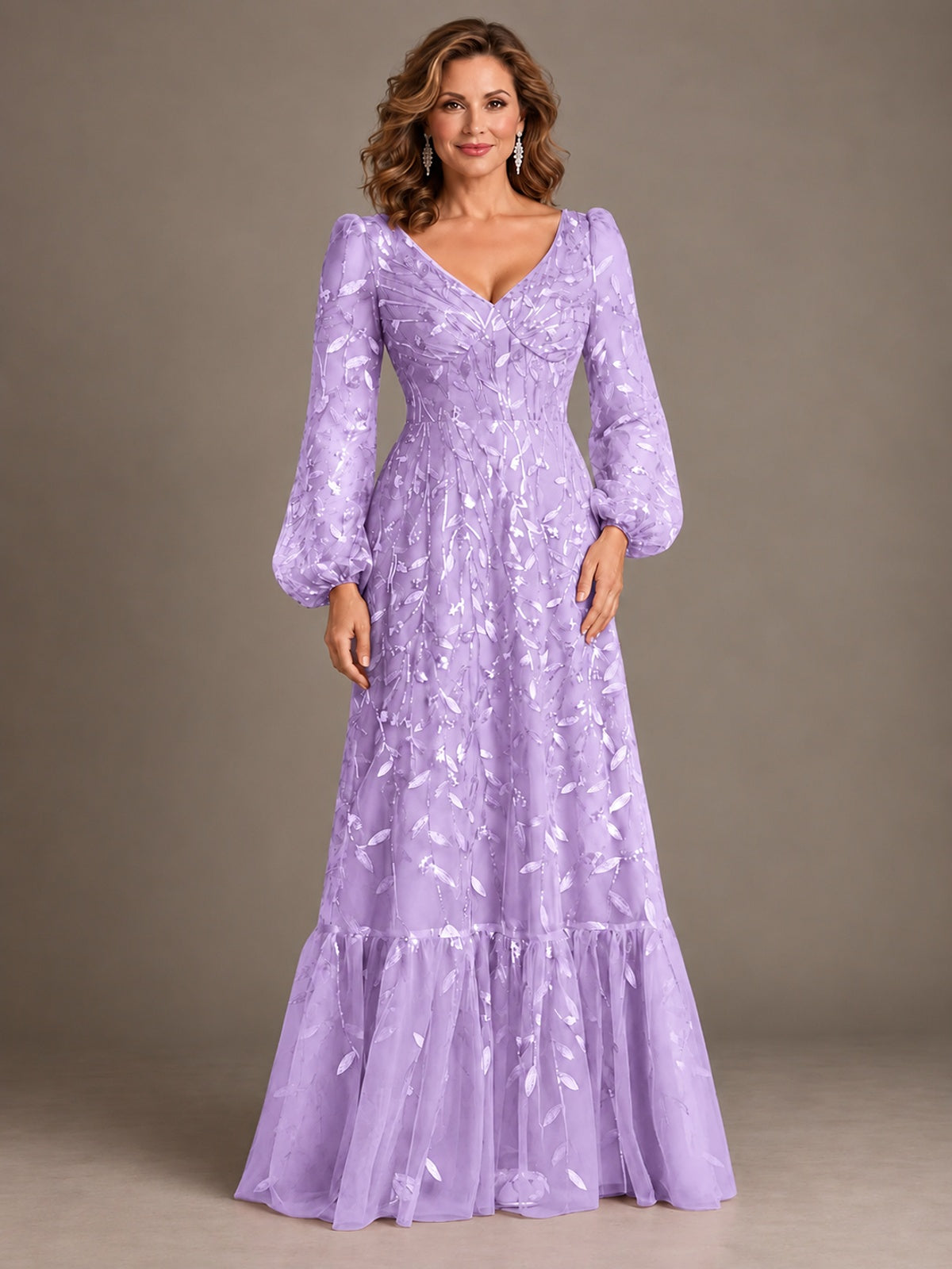Floral Sequin Embroidered A-Line Mother of the Bride Dress with Long Sleeves