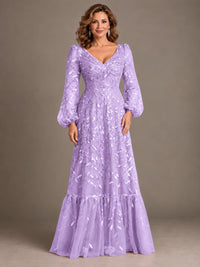 Floral Sequin Embroidered A-Line Mother of the Bride Dress with Long Sleeves