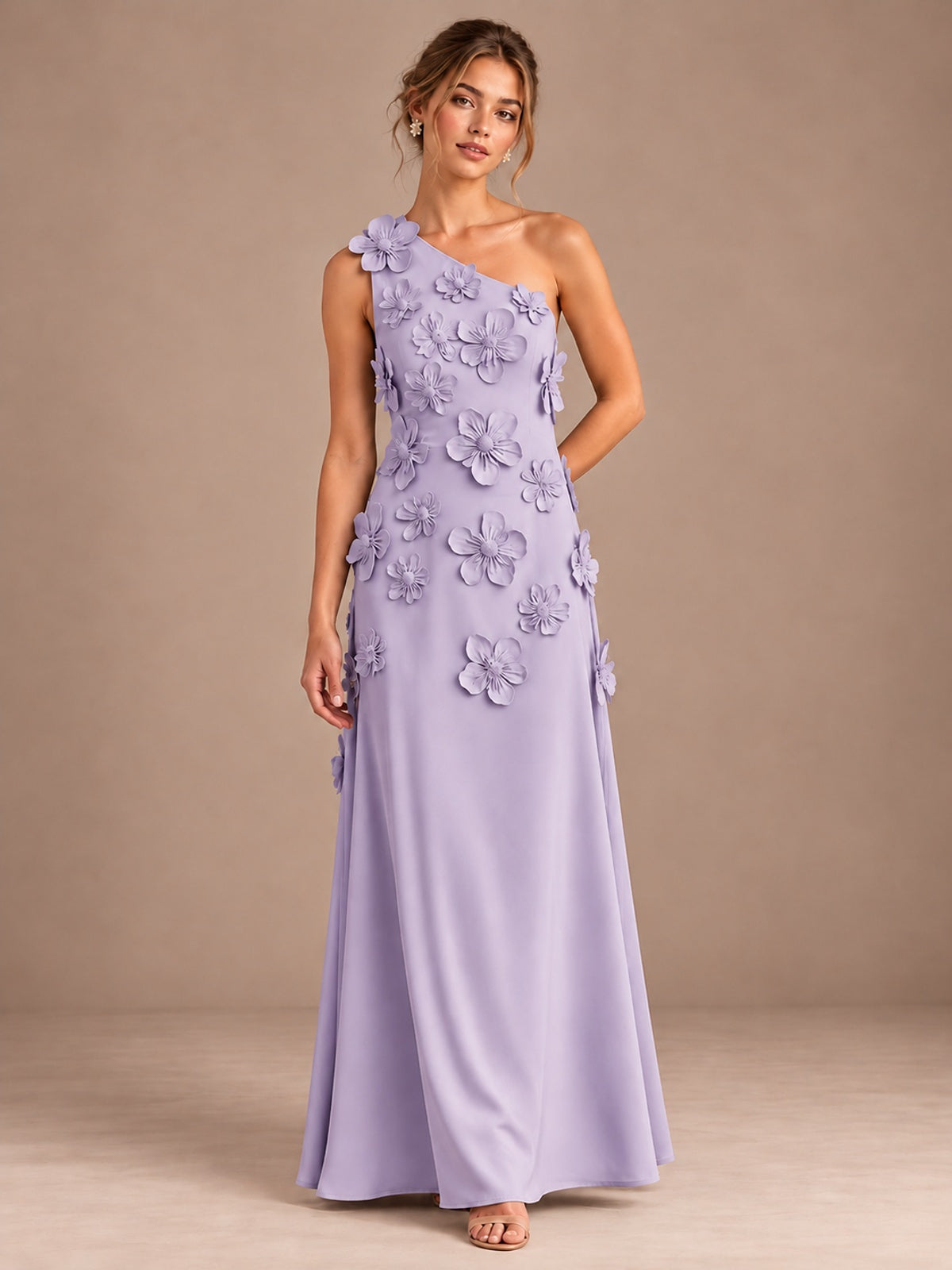 Lilac- One Shoulder Satin Formal Maxi Dress with 3D Floral