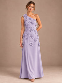 Lilac- One Shoulder Satin Formal Maxi Dress with 3D Floral