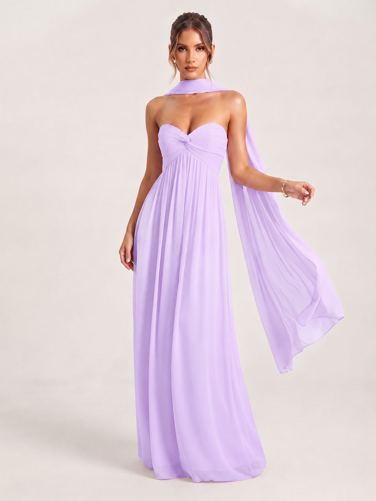 Lilac Strapless Ruched Chiffon Long Prom Dress with Scarf A-line Sweetheart Ruffled Formal Wedding Guest Dress Evening Gown