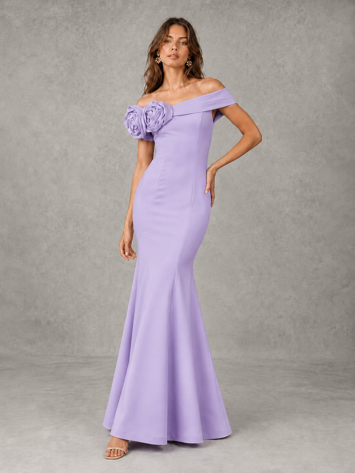 Blush Pink Off Shoulder Mermaid Bridesmaid Dress with Floral Rosette