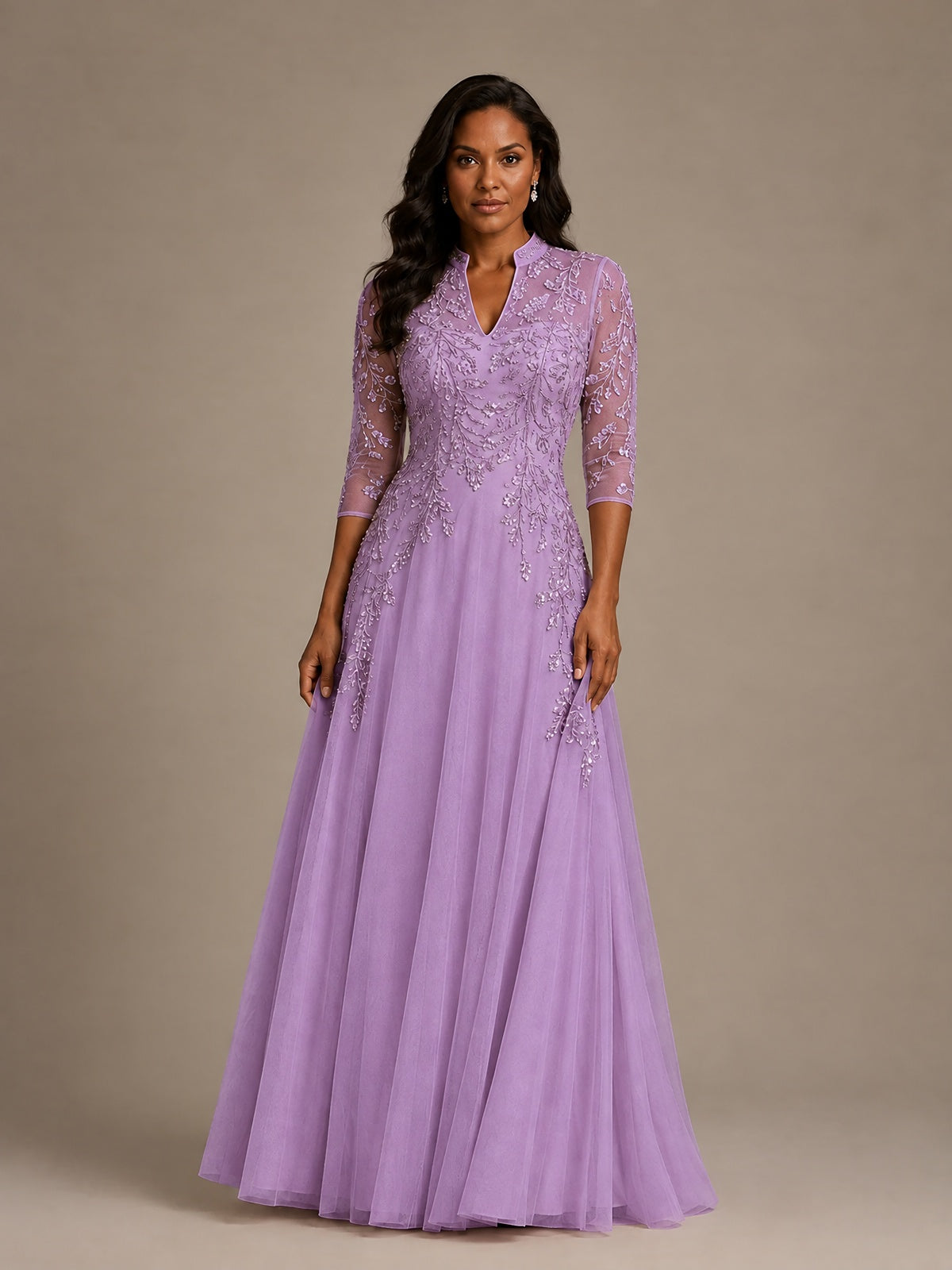 Embellished Appliques Mother of the Bride Dress with 3/4 Sleeves