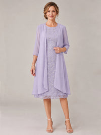 Lilac-2 Piece Lace Appliques Chiffon Mother of The Bride Dress with Sequin