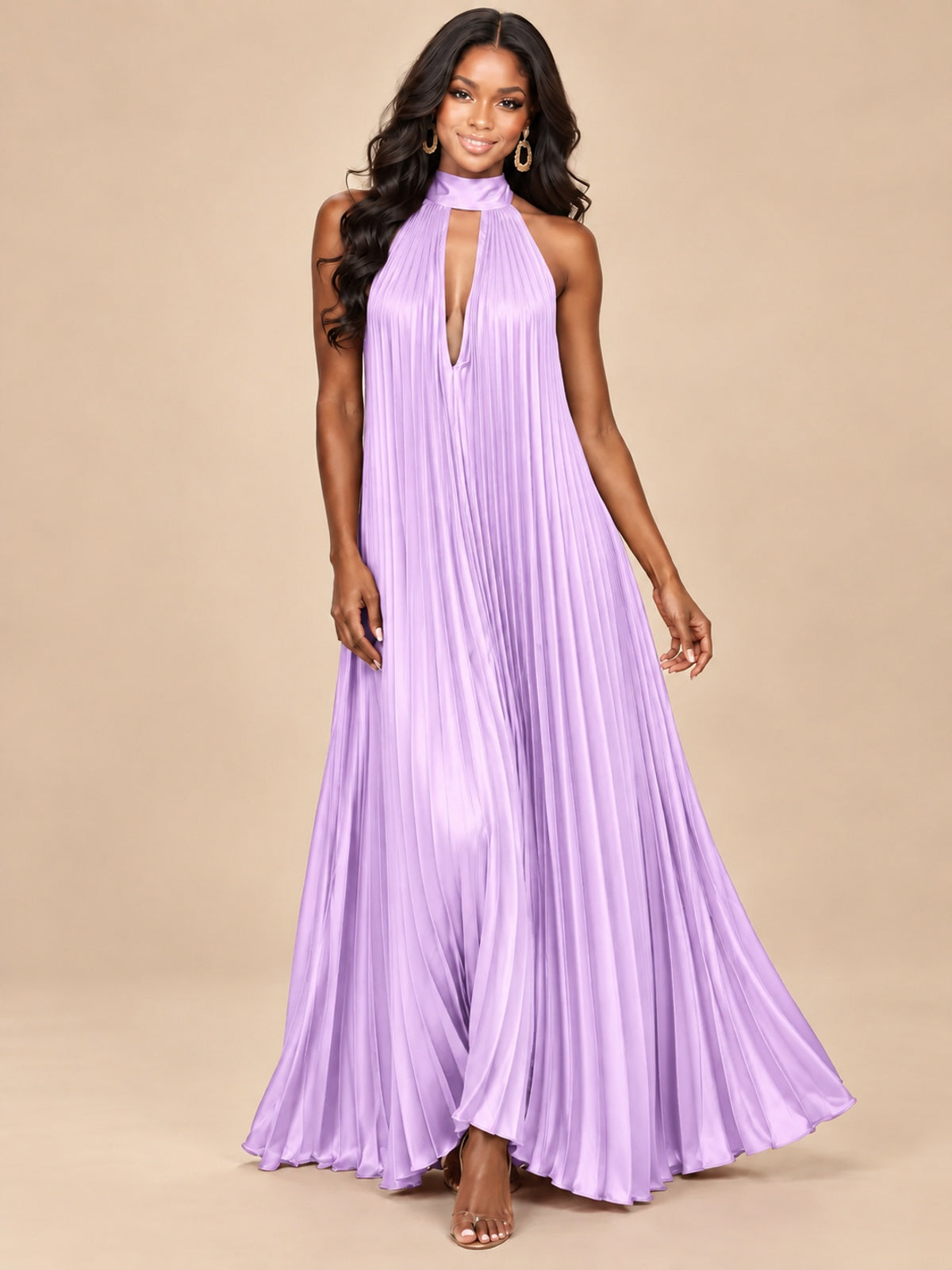 Rust Orange Pleated Halter Neck Maxi Dress
