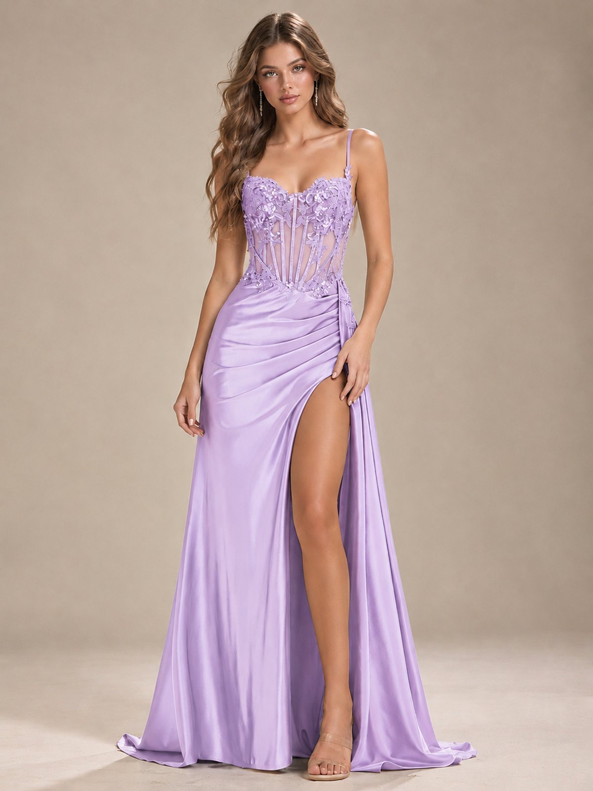 Mermaid Satin Prom Dress with Floral Appliqué Corset and High Slit