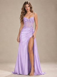 Mermaid Satin Prom Dress with Floral Appliqué Corset and High Slit