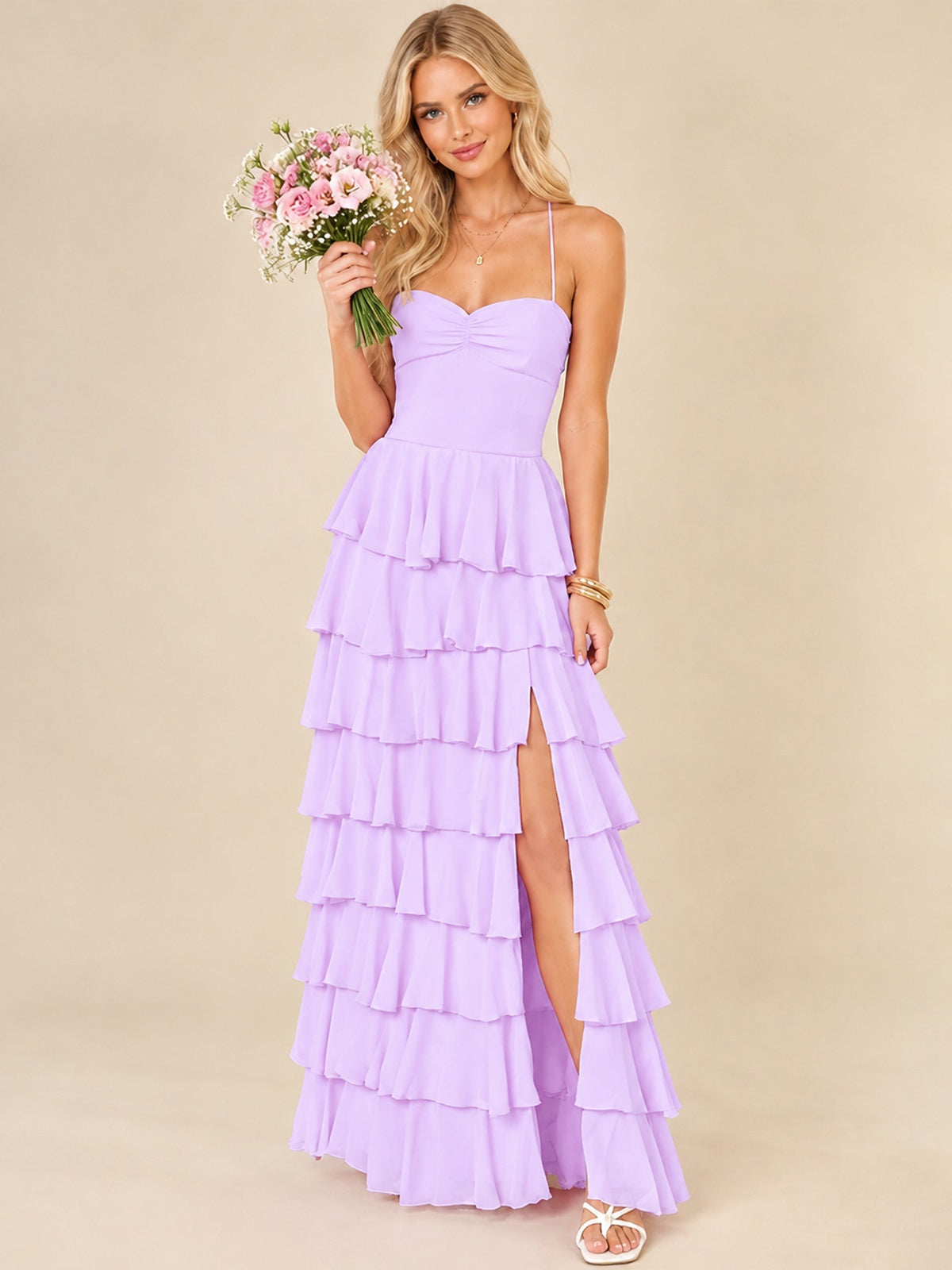 Ruffled Tiered Chiffon Prom Dress Spaghetti Straps Formal Maxi Dress with Slit