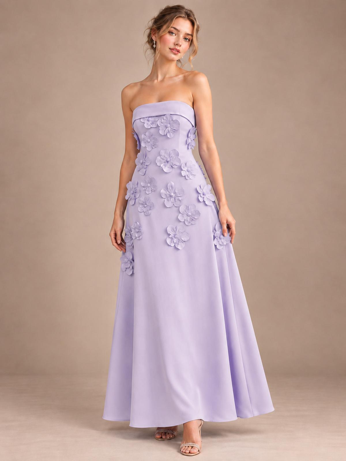 Lilac Strapless 3D Floral Appliques Maxi Dress