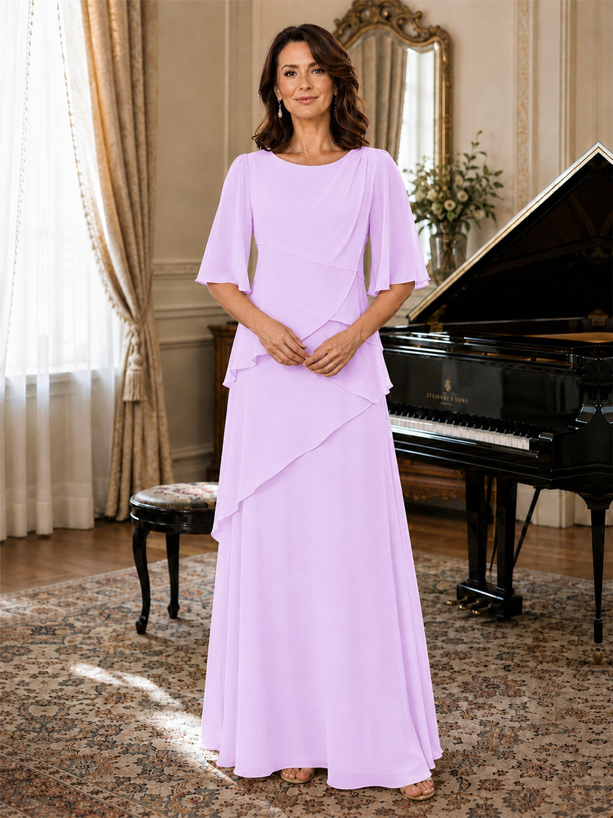 Asymmetric Draped Chiffon Mother of the Bride Dress with Flutter Sleeves