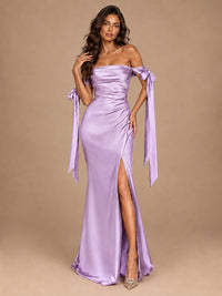 Off The Shuolder Satin Prom Dress Slit Mermaid Formal Gowns