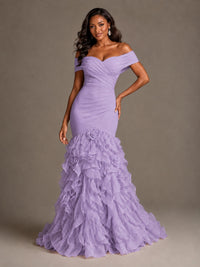 Pink Off-the-Shoulder Mermaid Prom Dress with Ruffles 3D Flowers