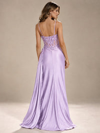 Mermaid Satin Prom Dress with Floral Appliqué Corset and High Slit