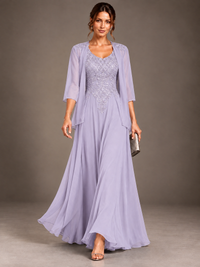 A-line 2 Pieces Chiffon Appliques Mother of The Bride Dresses with Jackets