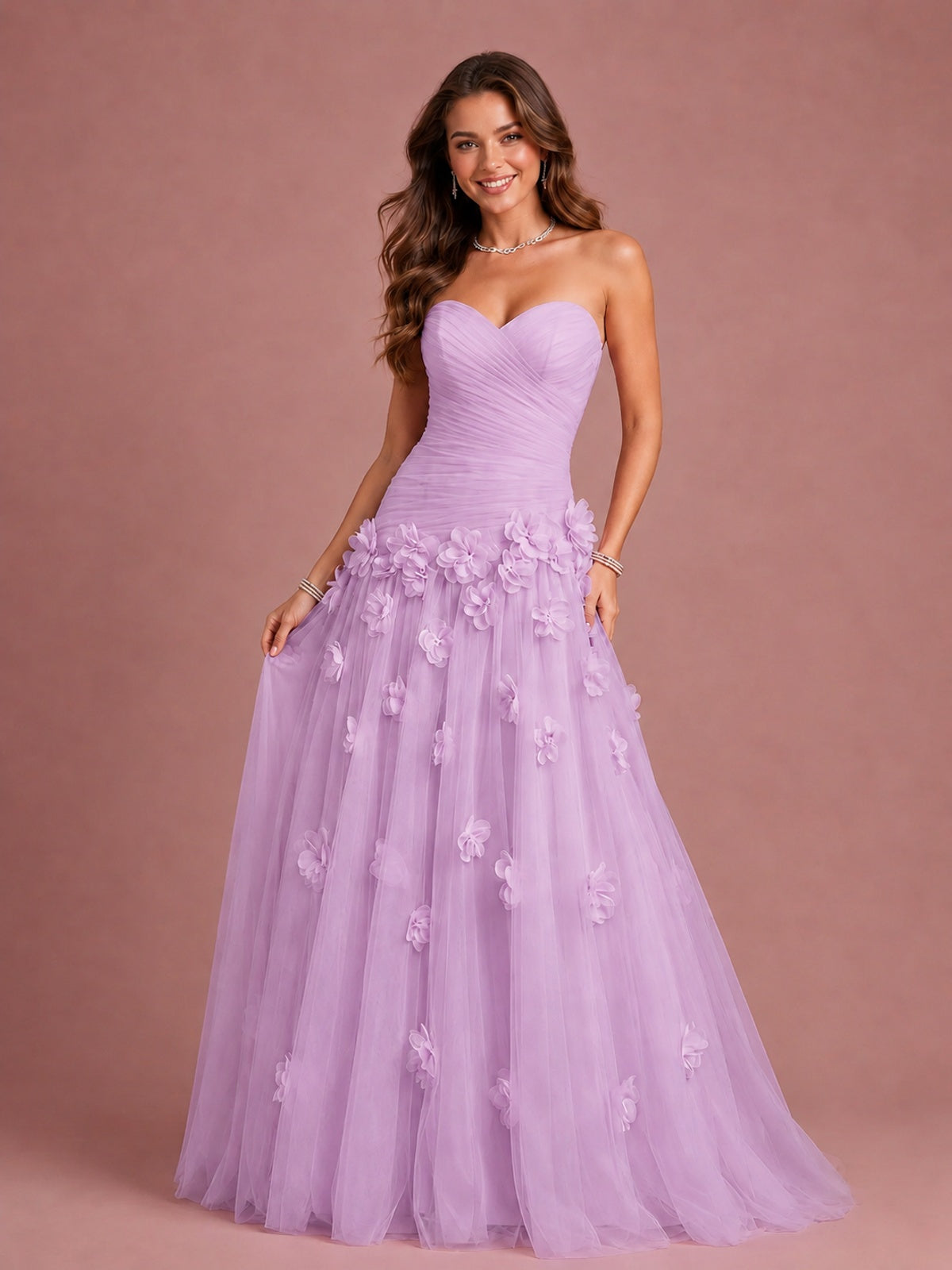 Blush Pink Strapless Sweetheart 3D Floral Tulle Ball Gown Prom Dres