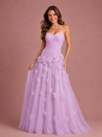 Blush Pink Strapless Sweetheart 3D Floral Tulle Ball Gown Prom Dres