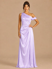 Lilac-satin one shoulder prom dress ruched long formal gow Jovelle