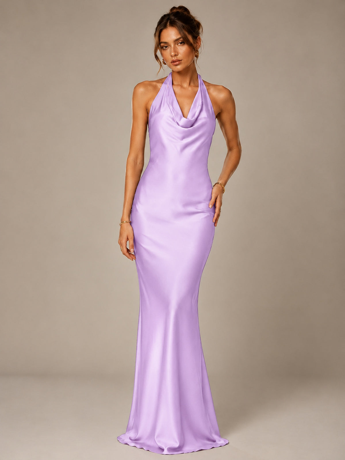 Olive Green Halter Satin Mermaid Maxi Dress