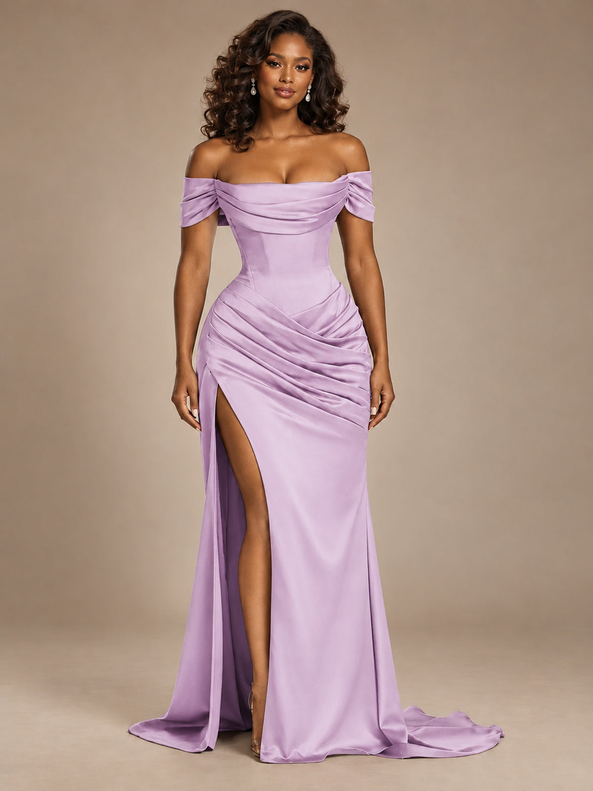 Burgundy Off-the-Shoulder Satin Corset Prom Dress with Slit