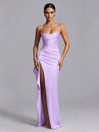Lilac Squre Neck Pleated Satin Prom Dresses for Teens Women Long Evening Formal Gown with Slit Ruffles