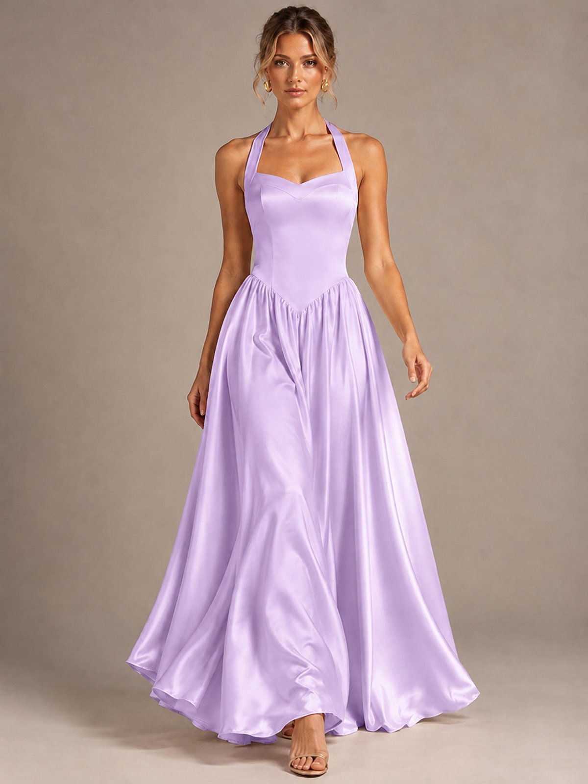 Light Yellow Halter Neck Satin A-Line Maxi Dress with Pockets