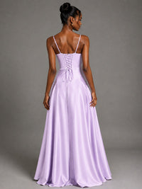 Lavender V Neck Satin Prom Dress with Spaghetti Straps
