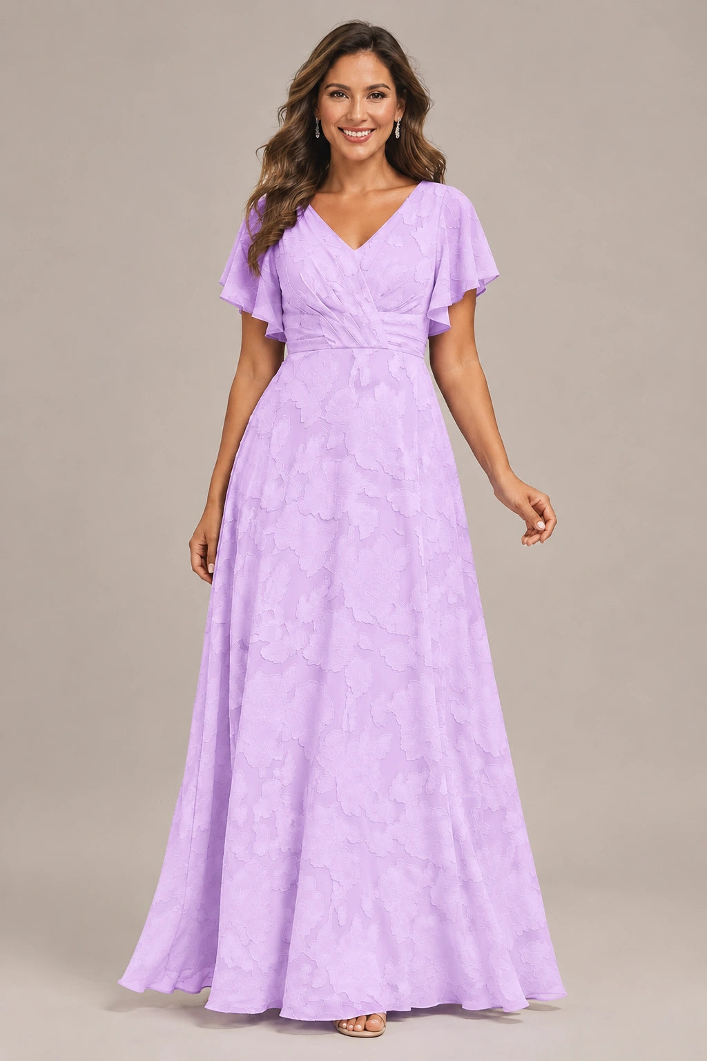 Jovellee Floral Chiffon A-Line Mother of the Bride Dress with Flutter Sleeves