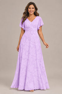 Jovellee Floral Chiffon A-Line Mother of the Bride Dress with Flutter Sleeves