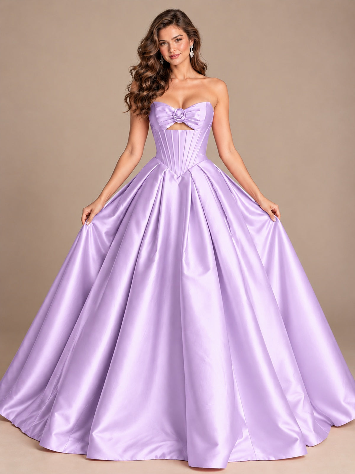 Pink Strapless Corset Satin Prom Derss & Ball Gown with 3D Floral