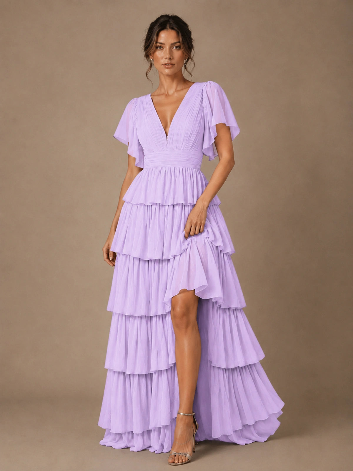Chiffon V-Neck Tiered Ruffle Bridesmaid Dress with Slit