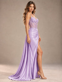 Mermaid Satin Prom Dress with Floral Appliqué Corset and High Slit