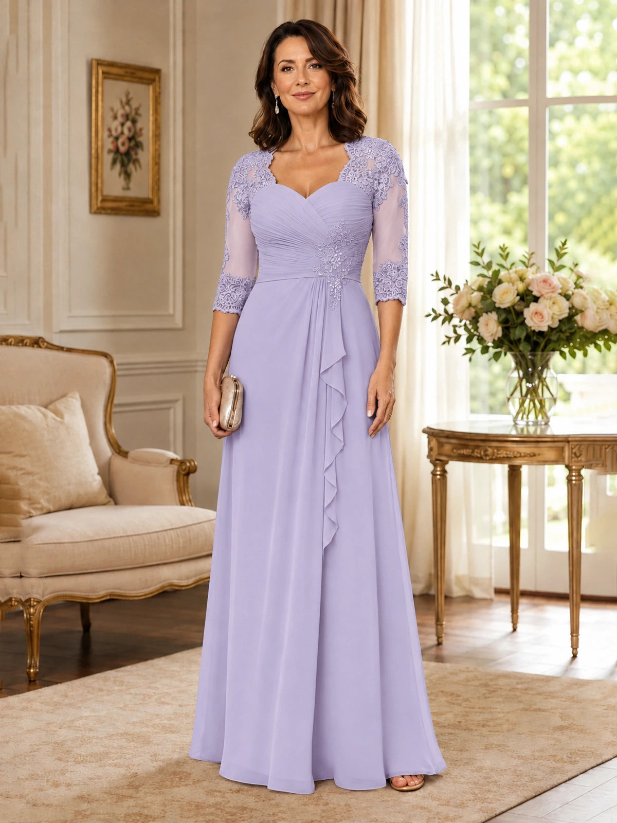 Chiffon Lace Applique Mother of the Bride Dress with 3/4 Sleeves
