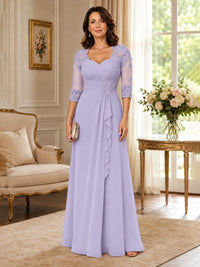 Chiffon Lace Applique Mother of the Bride Dress with 3/4 Sleeves
